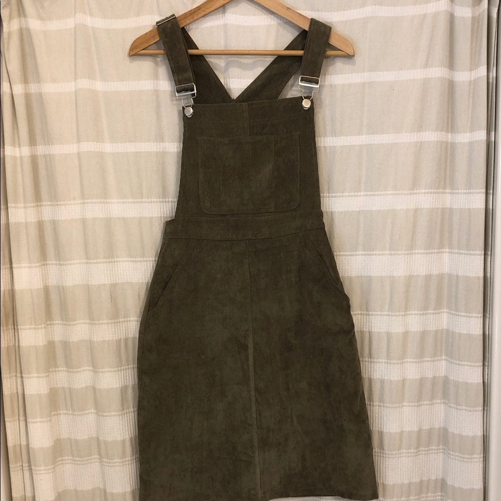 Corduroy Pinafore Midi Dress in Olive Green